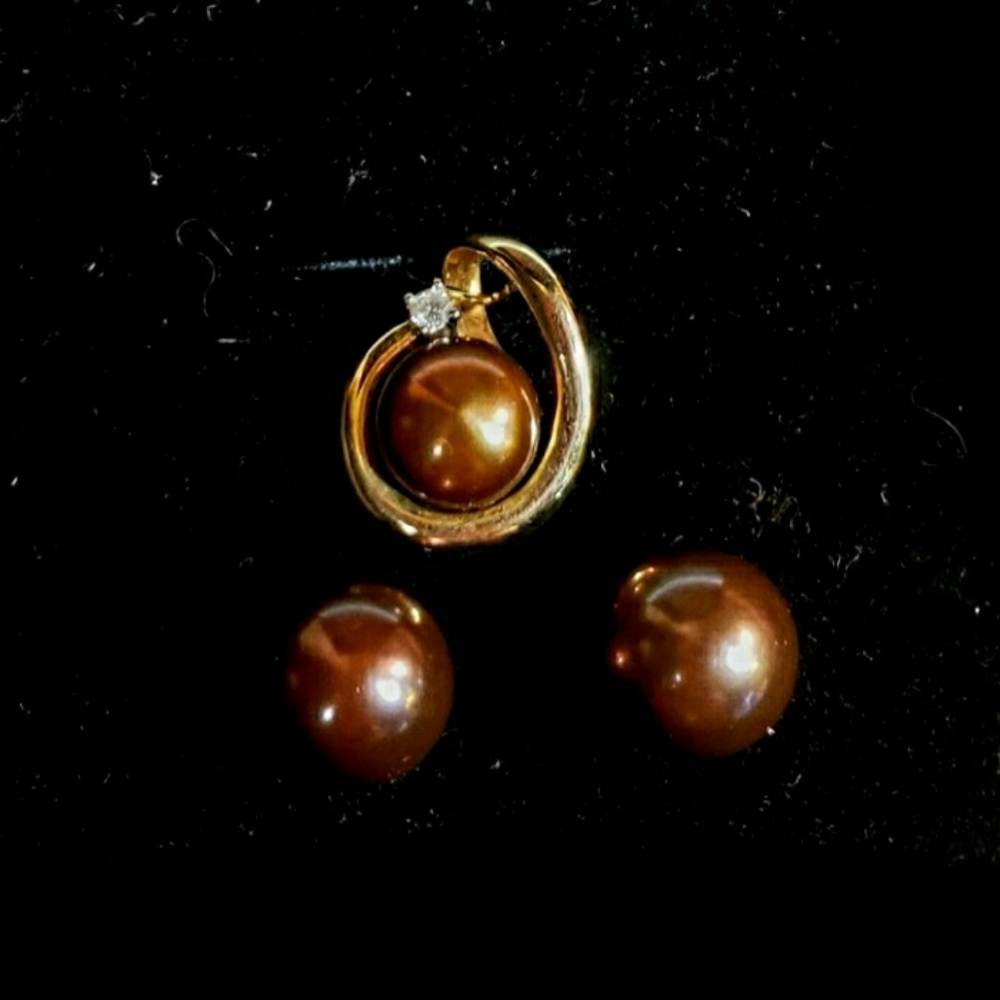 14K SOLID YG 9.7 MM EACH ROUND CHOC TAHITIAN SET - Picture 1 of 11